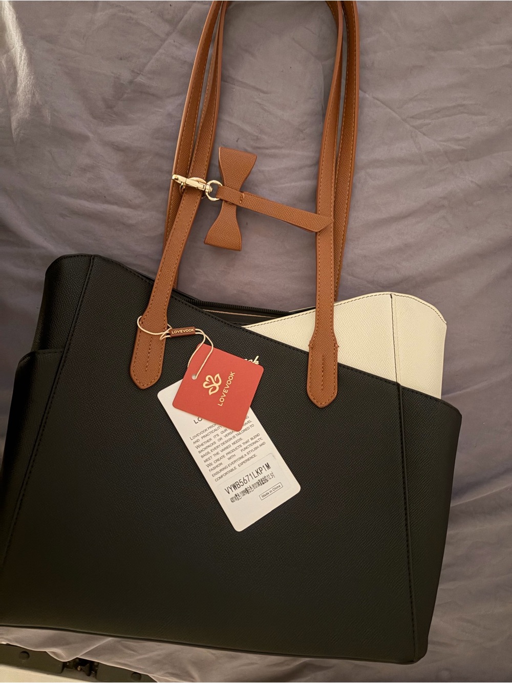LOVEVOOK Two-Tone Black & Cream Tote with Brown Straps